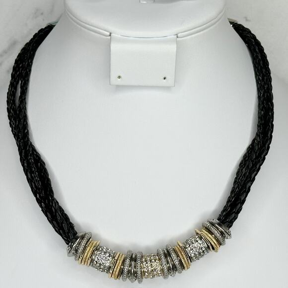 Chico's Rhinestone Silver and Gold Tone Black Braided Cord Necklace ✨ - Picture 1 of 9